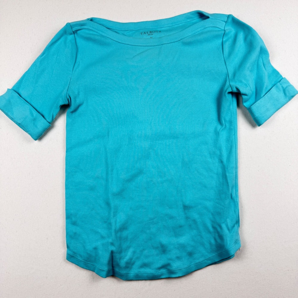 Talbots Petite Ribbed Knit Top Turquoise Blue Short Sleeve Boat Neck SP